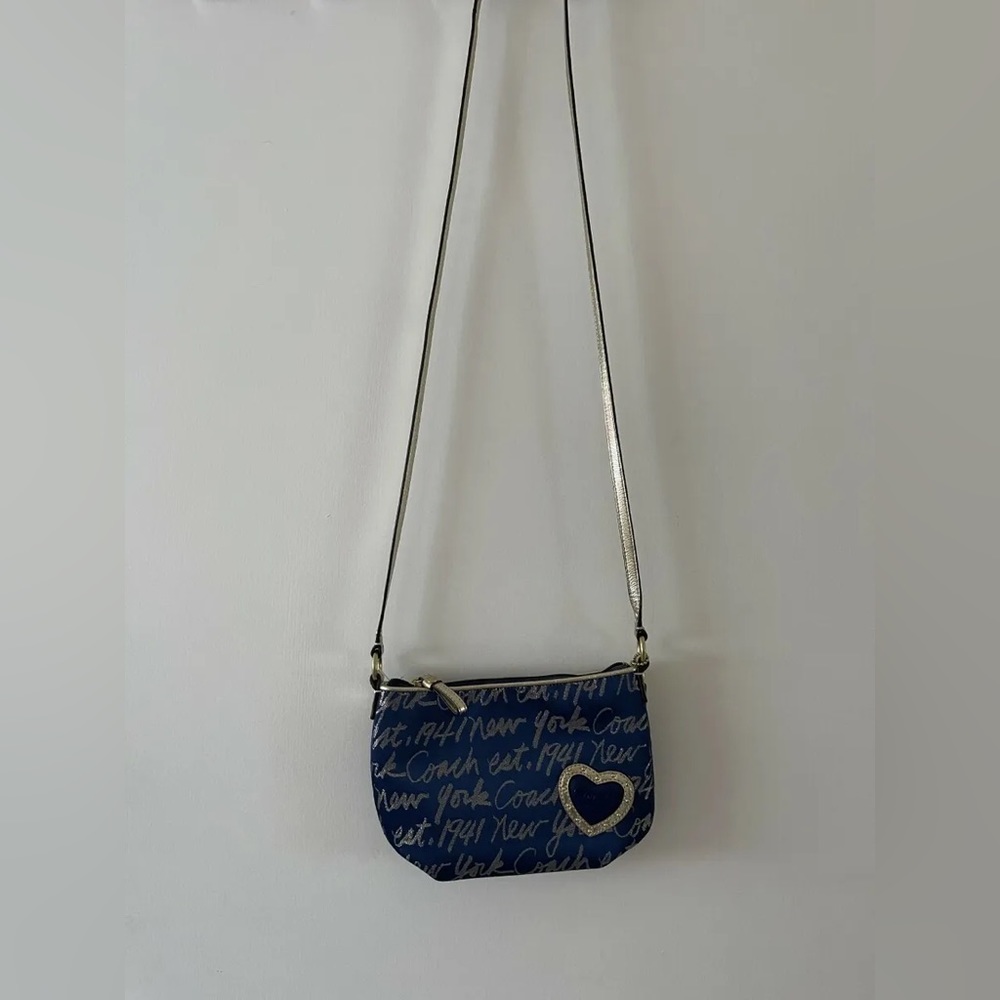 EUC Coach Vintage Signature Script Lurex Crossbody Purse Bag in Navy Blue/Gold